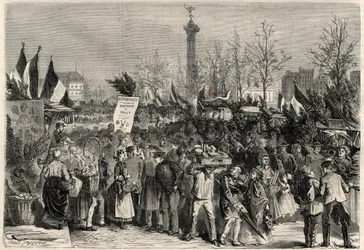 The ham fair, Boulevard Bourdon in the 4th arrondissement of Paris near Place de la Bastille. A sign advertises mullet meat. Engraving in 