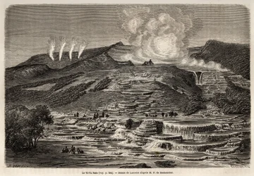 The hot spring of Te Tarata, surrounded by terraces superimposed with white silica, on the left, four geysers and on the right, lake and waterfall, drawing by Lancelot, to illustrate Ferdinand de Hochstetter