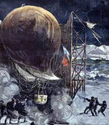 The hydrogen balloon Oernen by Swedish engineer Solomon Andrée (1854 - 1897) during a snowstorm on an island in Denmark, shortly before the departure for the North Pole, an expedition that will be lost. 1897