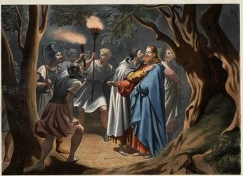 The kiss of Judas in the Garden of Olives. Anonymous engraving from the middle of the 19th century.