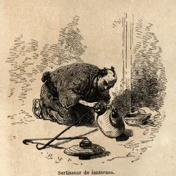 The lantern crimper, without any instrument other than a clamp, adjusts to the paper lanterns their frame of hoops and wire hooks. Engraving to illustrate the journey to Japan, by Aime Humbert, minister of the Swiss Confederation, in 1863-1864, published i