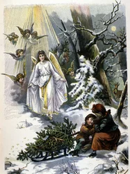 The legend of the Christmas tree: appearance of an angel. Illustration of the 19th century