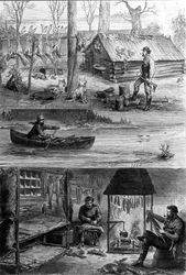 The life of trappers (professional hunters) in Canada: at the top, one of the trappers stands near his cabin, at the bottom, they work leather and extract the fur from the skin of the beets. Engraving of the 19th century