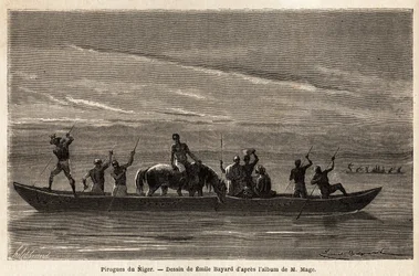 The long canoes of the Bambaras on the Niger River, maneuvered with long perches, can carry several people and even cattle or horses. Engraving to illustrate the voyage to Western Sudan of Lieutenant (Navy) M.Mage, in 1863-1866, published in Le tour du mo