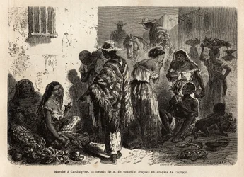 The market of Cartagena (Colombia), in the suburbs of the city, frequented mainly by Black people, mestizos and Indians. Engraving to illustrate the voyage to New Granada by Dr Saffray, in 1869, published in “Le Tour du monde” 1872, edited by Édouard