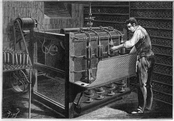 The mechanical installation of M. Marguery, restaurateur, in Paris: automatic bottle washing machine, represented as operated by a small dynamoelectric machine of Gram (Zenobe Theophile Gram 1826-1901). Engraving in 
