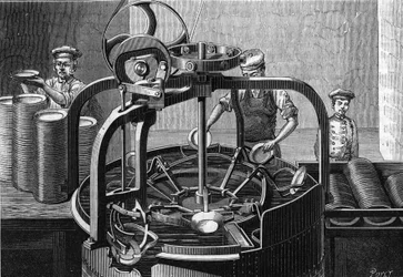 The mechanical installation of Mr. Marguery, restaurateur, in Paris: automatic machine for washing plates. The operator places a dirty plate in the machine with the right hand and removes the plate that has been cleaned with the left hand. Engraving in 