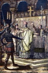 The murder of Saint Thomas Becket at Canterbury Cathedral, 29 December 1170, by knights from the court of King Henry II - wood engraving
