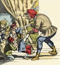 The ogre takes a child with the intention of devouring her. Illustration of the tale 