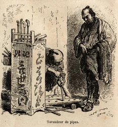 The pipe tapping machine in his workshop: to tap the pipes, he uses a simple board drilled with holes of unequal size, set in an iron spiral. Engraving to illustrate the journey to Japan by Aimé Humbert, minister of the Swiss Confederation, in 1863-1864