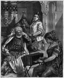 The population of Tunisia in the 19th century - Saturday evening in a Jewish family in Tunis - engraving by Castelli in 