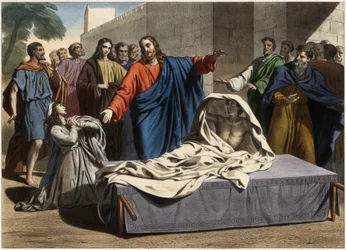 The resurrection of the son of the widow of Naim: Jesus Christ resurrects the only son of the widow. Engraving from the mid-19th century.