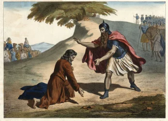 The return of Jacob and his meeting with Esau - Jacob returns to Canaan Land with his wives and children: he meets his brother Esau. Engraving of the half of the 19th century