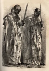 The scars, Muslims in procession during the commemorative feast of the martyrdom of Hossein, hit their head with a sword, each of them covered with a white sheet, to collect the blood flowing from their wounds. Engraving to illustrate the voyage in the pro