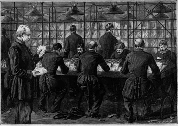 The sorting of correspondence in an office of the Hotel des Postes in the Rue du Louvre in Paris. Engraving in the journal 