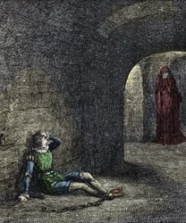 The spectre of the tower The prisoner chains in a dungeon sees a ghost before him. Illustration for The tower of london by William Harrison Ainsworth 19th century