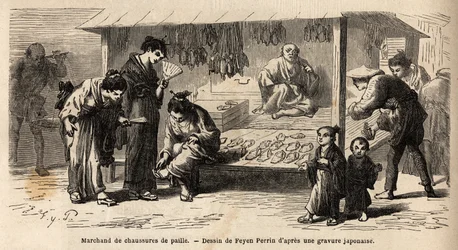 The stamp of a straw shoe dealer, with different customers, a woman who tries a pair with her friends, and a father who takes care of her child. Engraving to illustrate the voyage to Japan, in 1863-1864, by Aime Humbert, minister of the Swiss Confederation