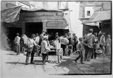 The street vendors and the walk of the district of Vuccirla in Palermo, Sicily. Engraving of the 19th century