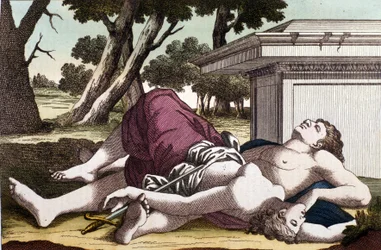 The suicide of Pyramus under the mulberry tree and the death of Thisbe. Convinced that the lioness had devoured Thisbe, Pyramus gave himself death and covered the white mulberries with his blood. Thisbe, hiding to escape the lion, finds her love dead and s