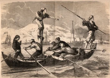 The swordfish harpoon fishing on the coast of Sicily in Italy in 1862. Engraving in 