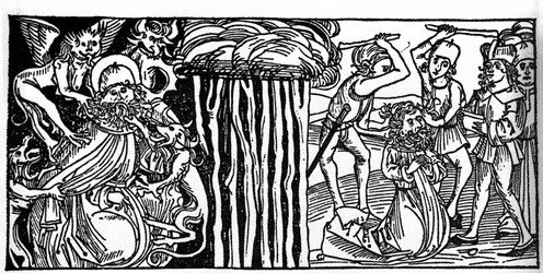 The temptations of Saint Anthony the Great, and on the right his martyrdom. Engraving from 