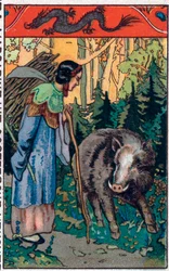 The terrible boar. Chinese tale. Chromolithography from the end of the 19th century.