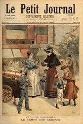 The time of cherries, walking merchant in the streets of Paris. Engraving in Le petit journal 9/06/1895. Selva