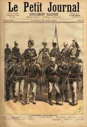 The uniforms of the Italian army, on horseback from left to right: the artillery, the cavalry officer, the general, the colonel of the Carabinieri, the officer of the Guides, the 10th Lancer Regiment, the hundredth. Standing from left to right: the