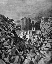 The walls of Jericho collapsed to the sound of the Trumpets of Hosea, which allowed the Hebrews to seize them. Book of Joshua. Engraving of the 19th century