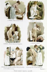 The woman, home doctor: water as a curative means. 1. Alution of a sick person in bed, 2. Alution by fire, 3. Alution alternates in a bathtub, 4. Rain shower, 5. Shower with a tap tube of a kitchen, 6. Watering in a small interior - in The woman, home doct