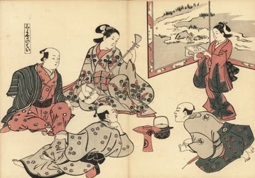 Three Samurai Listen to a Courtesan Play the Shamisen, as a Kamuro Brings Food on a Tray. Woodblock Print by Masanobu Okumura from Fuzoku Emakimono, Picture Scroll of the Water Trade, Tokyo, Reprint circa 1880.