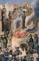 Torture of Michel Servet in Geneva, Spanish doctor and theologian - Engraving