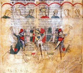 Tournament scene (detail) after the manuscript Lancelot du Lac, 13th century. Biblioteca Nazionale Marciana Venice