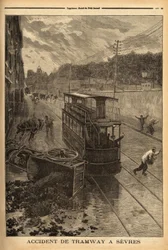 Tram accident in Sevres, material damage but no injuries. Engraving in Le petit journal 24/01/1897. Selva Collection