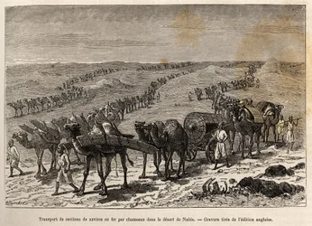 Transport of iron ship sections by camels, in the desert of Nubia (Sudan), engraving illustrating an armed expedition in Central Africa, for the suppression of the black trade