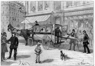 Transportation of an injured person in a car of the Paris Ambulances. Engraving in 