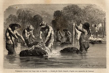 Travellers washing laundry in the river with Bolivian peons near Maniri (Lower Peru). Engraving illustrating a voyage in the valleys of Quinquinas by Paul Marcoy, published in 