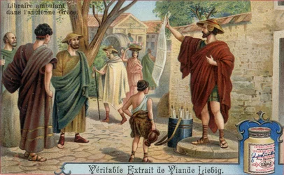 Travelling bookseller in ancient Greece. Chromolithography, Liebig image