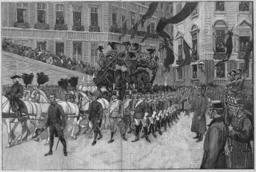 Vienna 1889: The funeral of Prince Rodolph (Archduke Rodolph of Habsburg (1858-1889), Crown Prince of Austria). The procession in front of the French embassy.