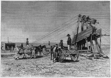 View from the surface of the Kimberley Diamond Mine in South Africa. Engraving from 1883