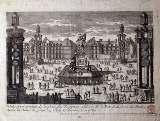View of Place des Victoires in Paris with the statue of Louis XIV raised by the marechal de la Feuillade in 1686. Engraving of the 17th century Paris, Musee Carnavalet