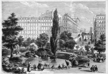 View of Square Montholon and the bridge of Rue Bellefond in Paris in the 9th arrondissement. Engraving in 