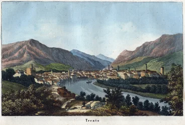View of Trento (South Tyrol, Italy) (Trento) - 19th century - engraving from “Usi e Costumi di Tutti i Popoli dell