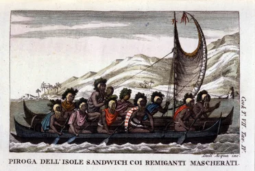 View of a canoe with sails from the Hawaiian Islands in Polynesia, the crew wears typical masks. Lithograph from the beginning of the 19th century
