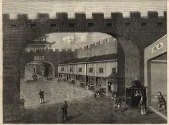 View of a street in the city walls of Guangzhou, China. Engraving in 