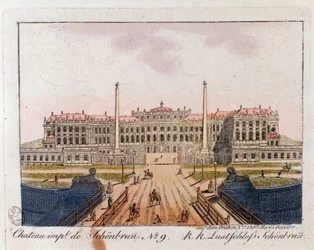 View of the Imperial Castle of Schonbrunn near Vienna, Austria. Engraving of 1815