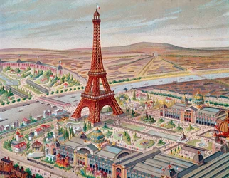 View of the Universal Exhibition with the different pavilions and the Eiffel Tower