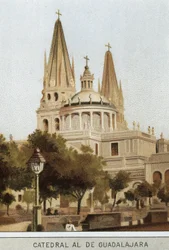 View of the cathedral of Guadalajara in Mexico City, Mexico. Chromolithography of the 19th century