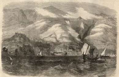 View of the city of Funchal on the island of Madeira in Portugal. Engraving in 