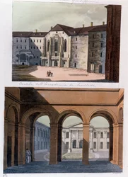 View of the courtyard of the Academie de Neustadt and the public baths in Vienna, Austria. Engraving from 1826